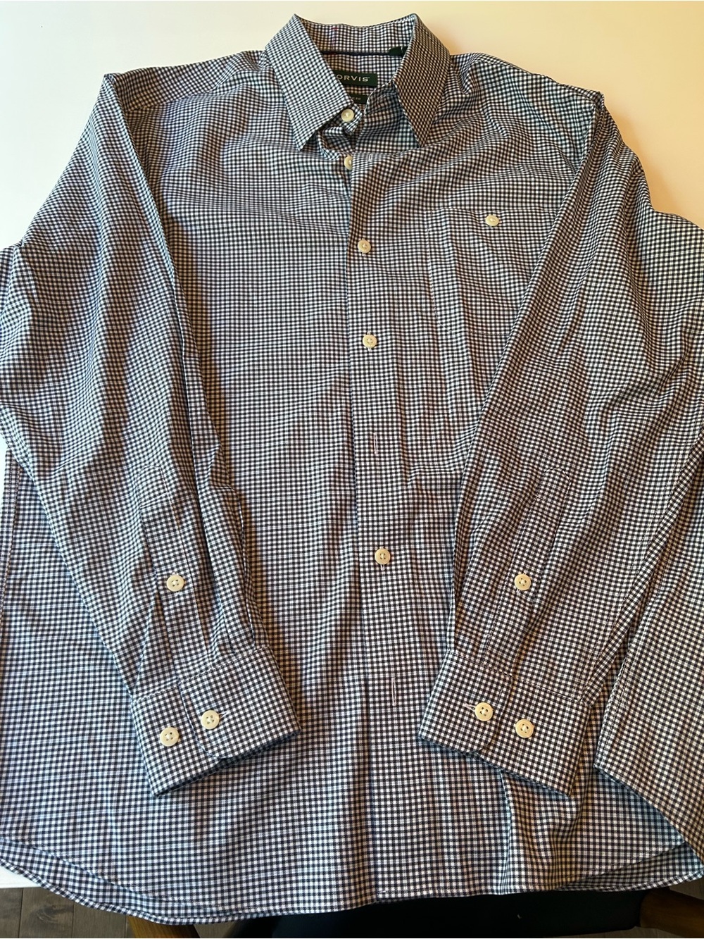 Orvis Men's Navy and White Micro-Check Button-Up Shirt